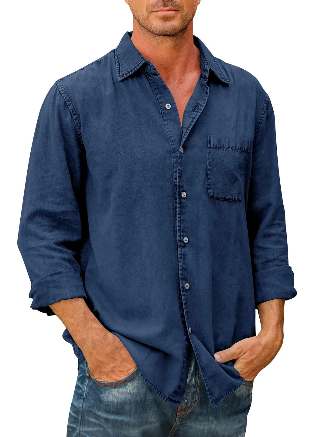 Men's Long Sleeve Cotton Linen Denim Button Shirt