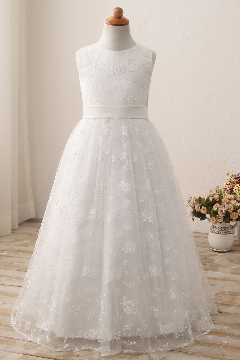 Dresseswow White Scoop Neck Short Sleeveless Ball Gown Flower Girls Dress with Lace