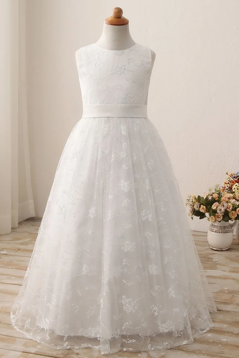 Luluslly White Scoop Neck Short Sleeveless Ball Gown Flower Girls Dress  with Lace