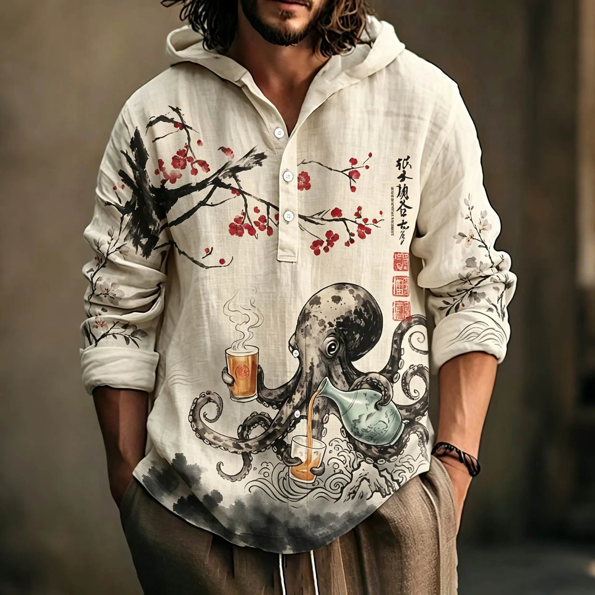 Men's Vintage Octopus Drinking Tea Under The Cherry Tree Art Print Long Sleeve Hoodie  artssus