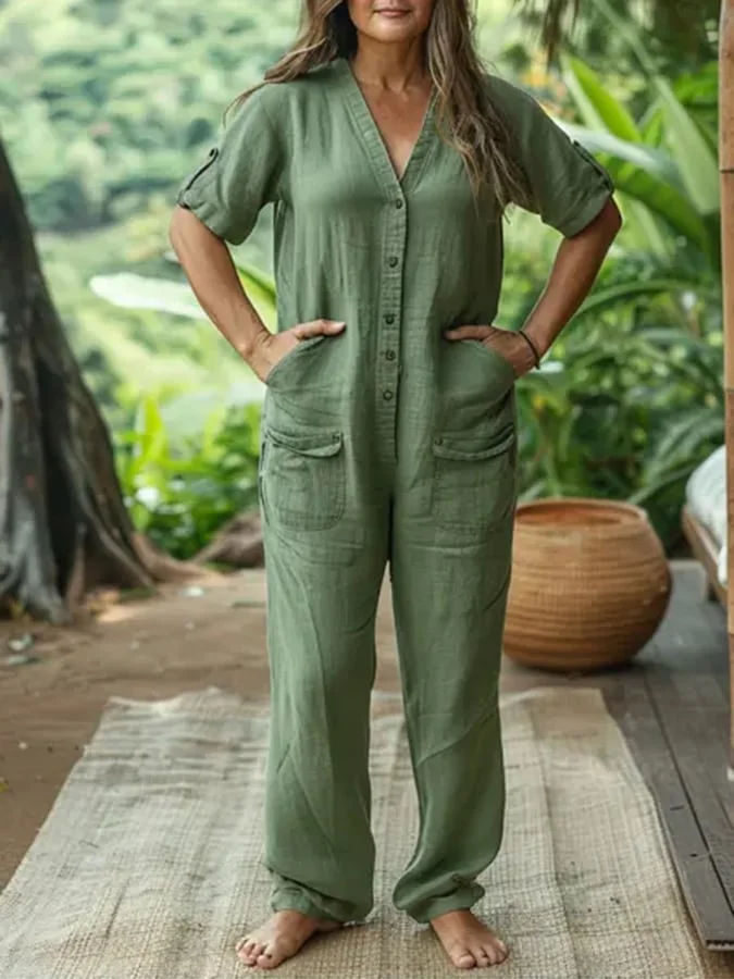 Women's Casual Solid Color Cotton Jumpsuit