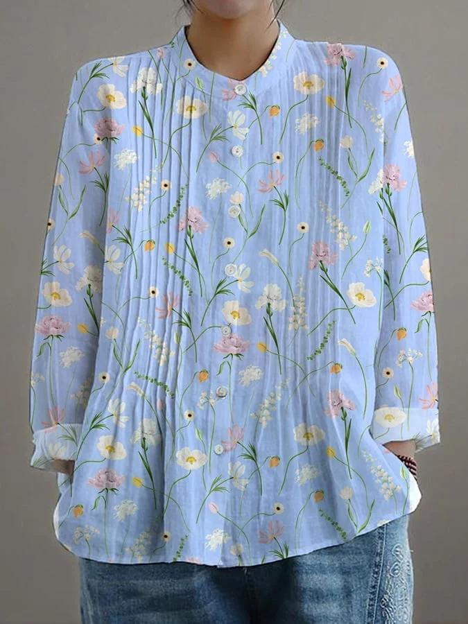 Women's Casual Loose Floral Cotton And Linen Shirt 