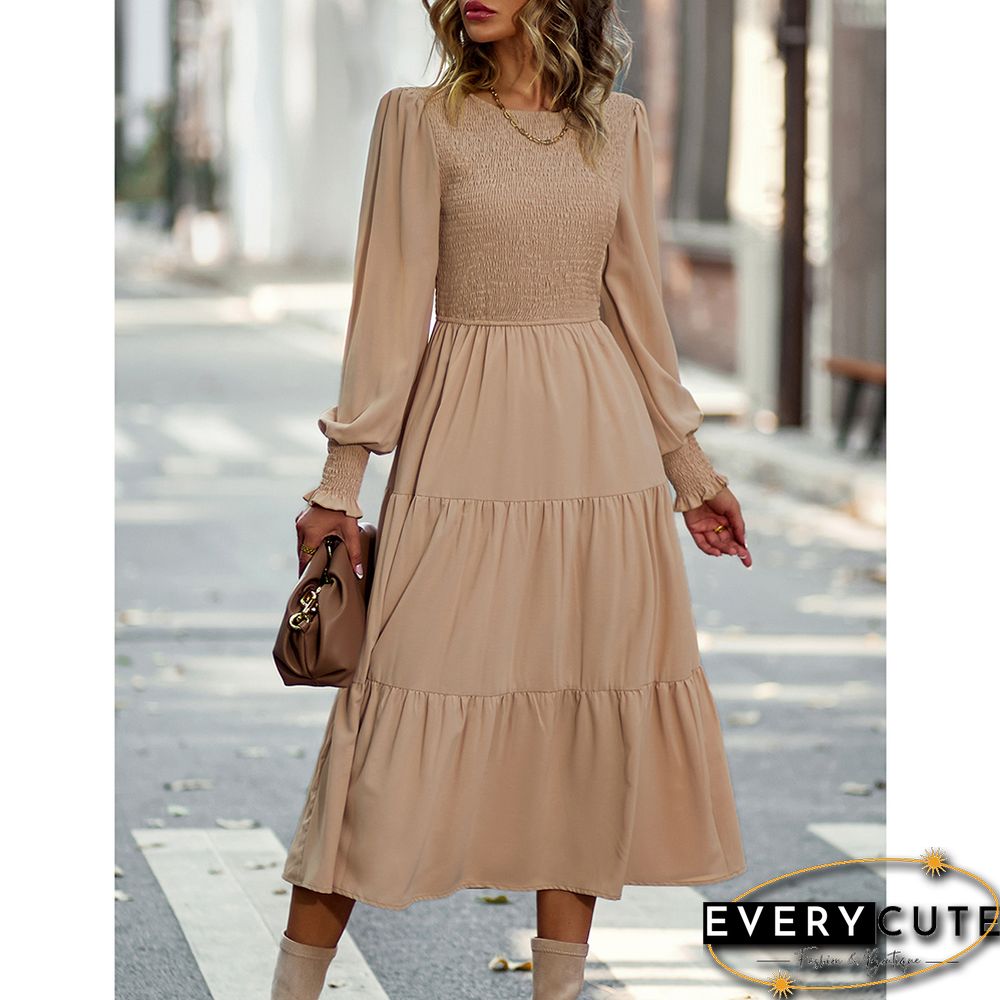 Khaki Crew Neck Smocked Swing Midi Dress