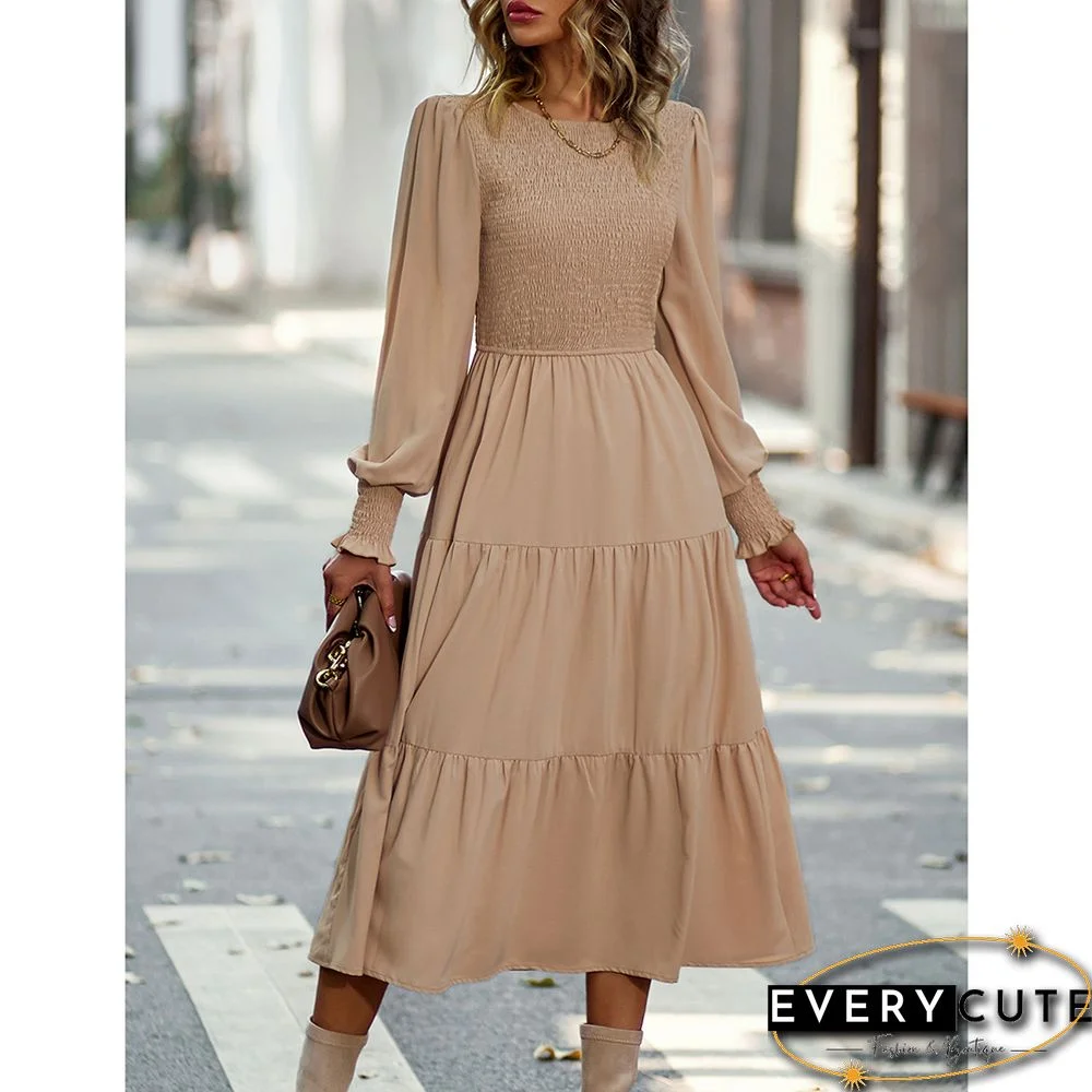 Khaki Crew Neck Smocked Swing Midi Dress