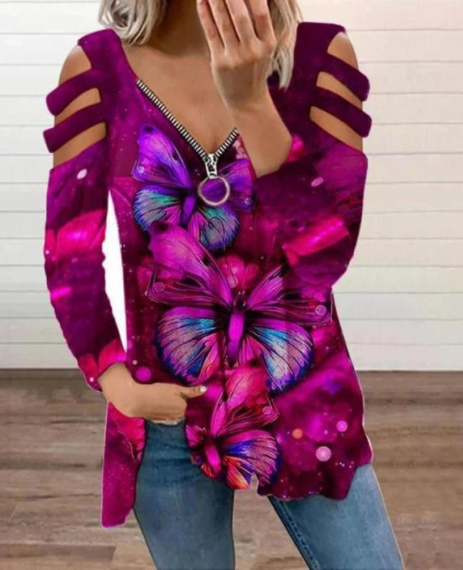 Butterfly Small Floral V-Neck Zip Off Shoulder Long Sleeve Top T-Shirt