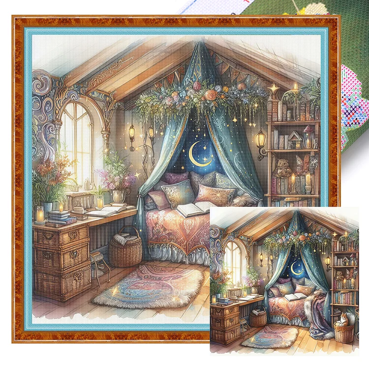 【Huacan Brand】Bedroom 50*50cm 11CT Stamped Canvas Cross Stitch gbfke