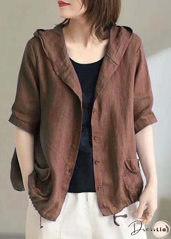 Vintage Coffee Hooded Pockets Cinched Button Patchwork Linen Coats Summer