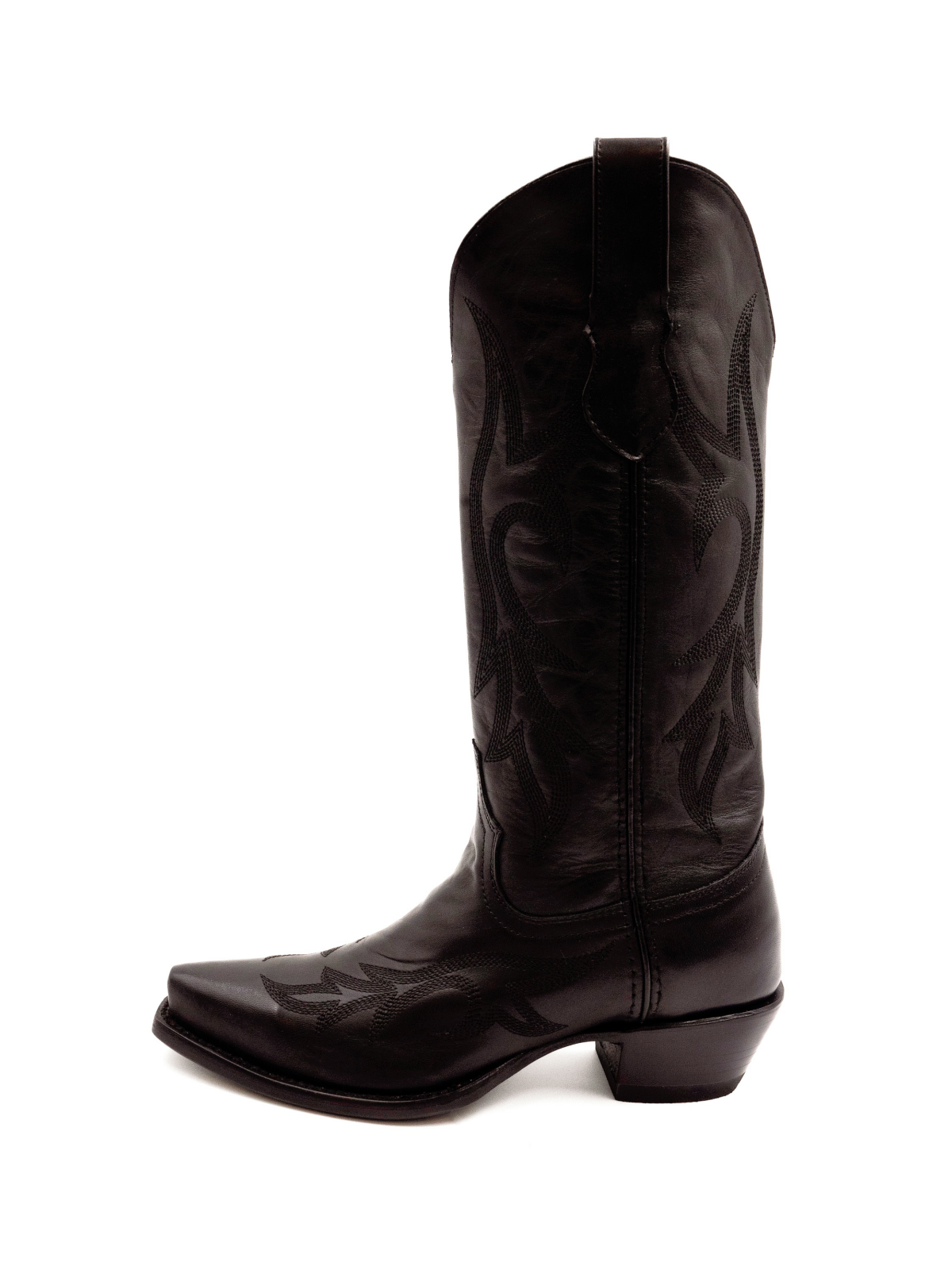 Taafo Black Embroidery Snip-Toe Cowgirl Tall Boots Wide Mid Calf Western Boots