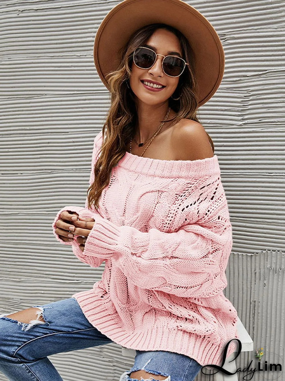 Vintage Long Sleeves Loose Solid Color Off-The-Shoulder Sweater Tops