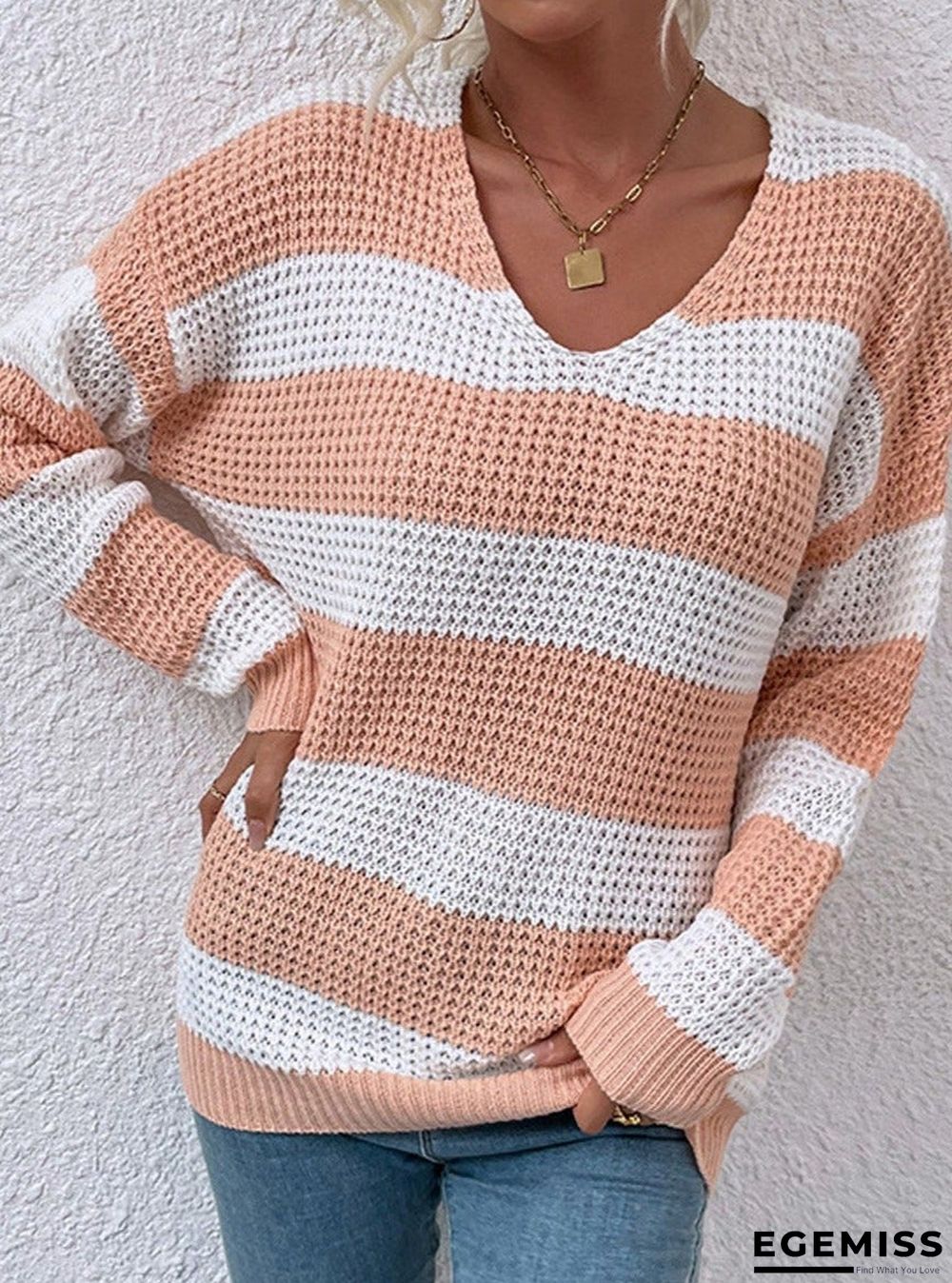 Casual Stripe Waffle V-neck Sweater Women | EGEMISS