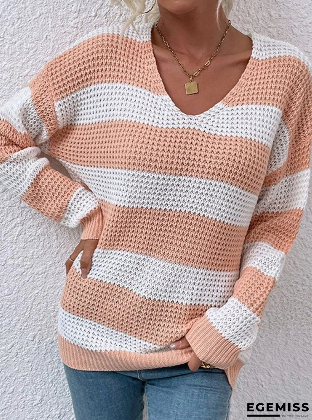 Casual Stripe Waffle V-neck Sweater Women | EGEMISS