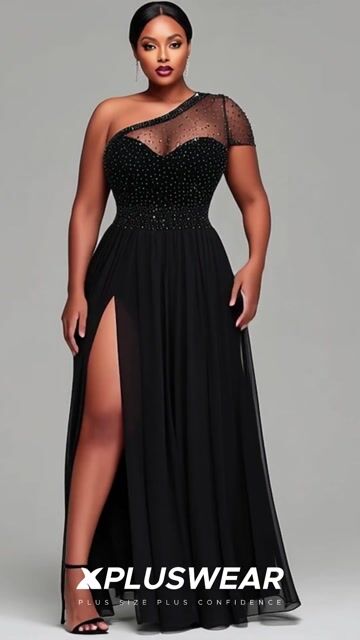 Xpluswear Design Plus Size Wedding Chiffon Black One Shoulder Split Drilling Tulle Maxi Dresses 2024 - Xpluswear