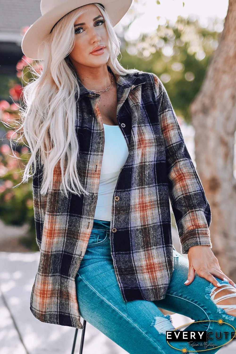 Oversize Rounded Hem Plaid Shirt with Slits