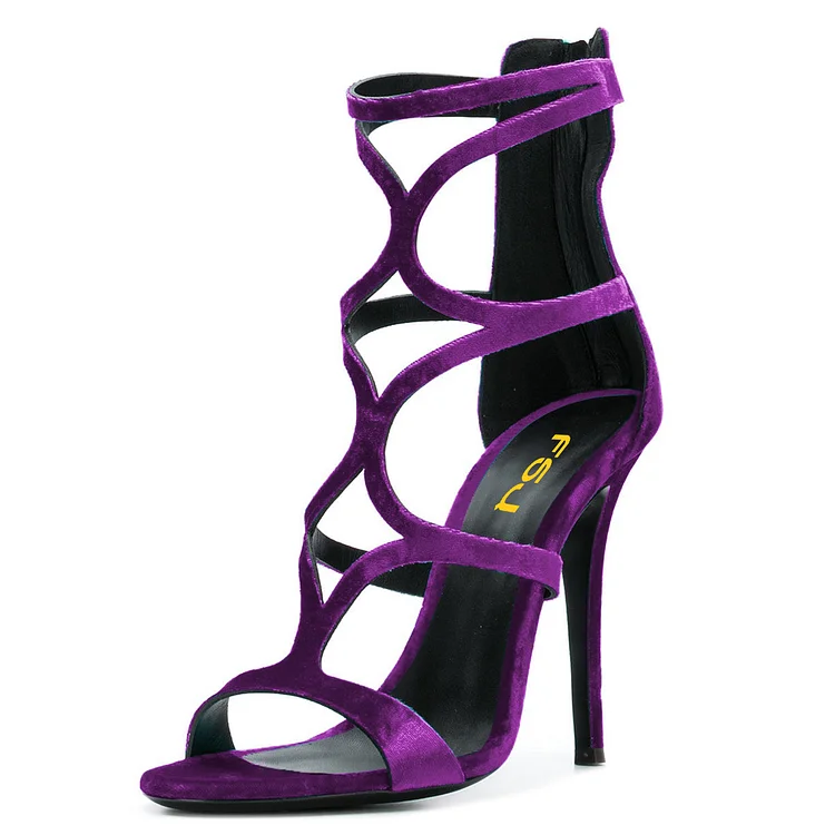 FSJ Purple Velvet Hollow out Stiletto Heels Strappy Sandals |FSJ Shoes