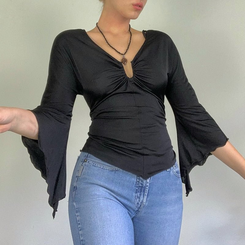 Gitana Vintage Flared Sleeve T Shirt Woman V Neck Slim Crop Top Kawaii Tee Shirts Tops Autumn Female Clothing Fairy Grunge 2022