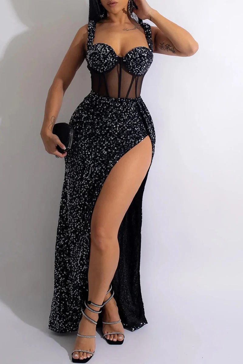 Sexy Patchwork Hot Drilling Backless Slit Spaghetti Strap Long Dress Dresses