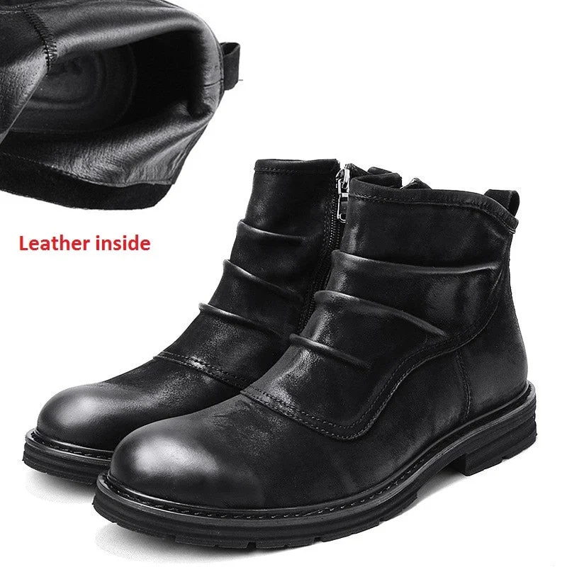 Big Size 38-52 Vintage Wrinkle 100% Genuine Leather Men's Chelsea Boots Side Zip Comfortable Men Shoes Male Ankle Boots Classic