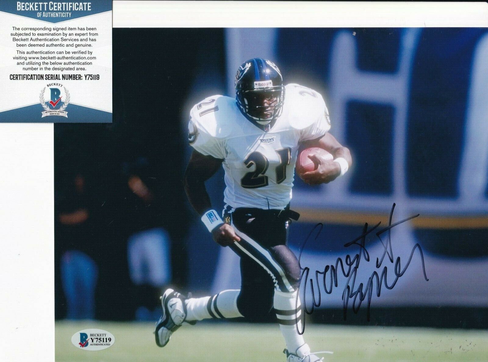 EARNEST BYNER signed (BALTIMORE RAVENS) football 8X10 BECKETT BAS Y75119