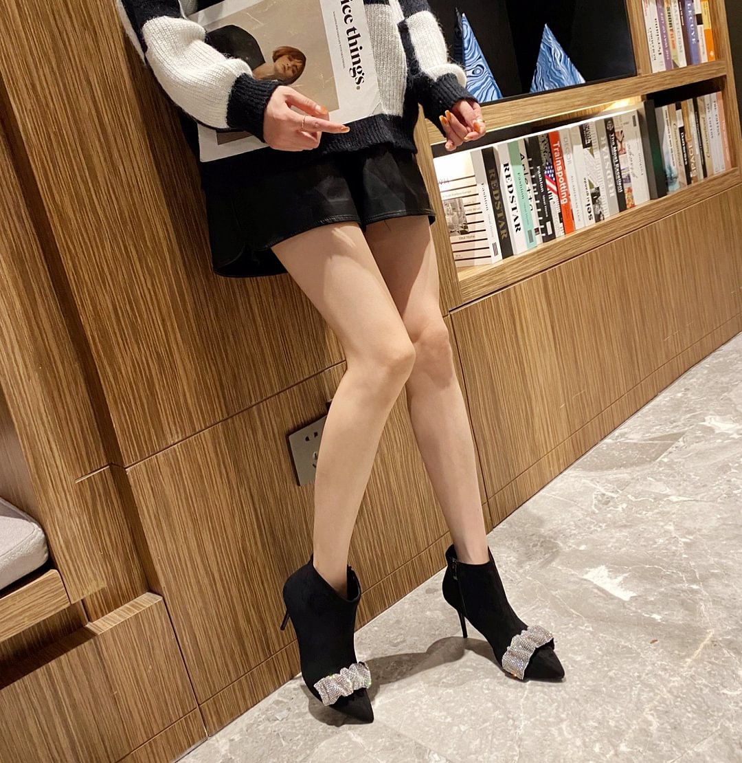 Women's Rhinestone Pointed Thin Heel Martin Boots-PABIUYOU- Women's Fashion Leader