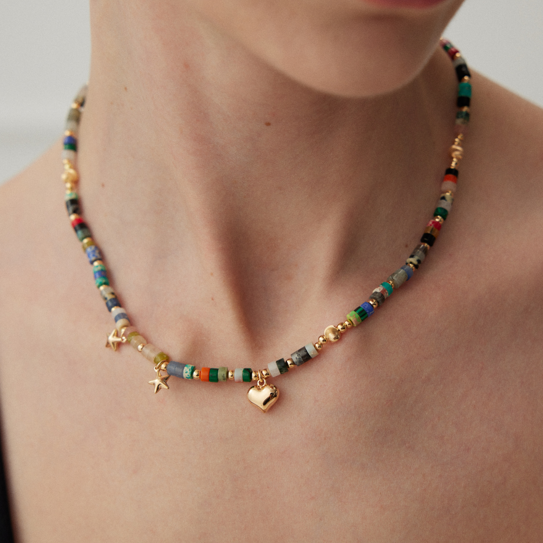 Colorful Multi Stone Gold Plated Bead Necklace
