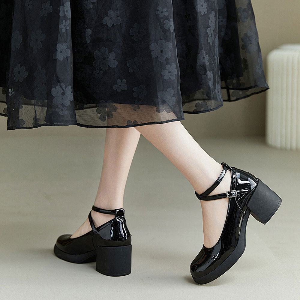 Black Closed Toe Chunky Heel Platform Ankle Strap Loafers Nicepairs