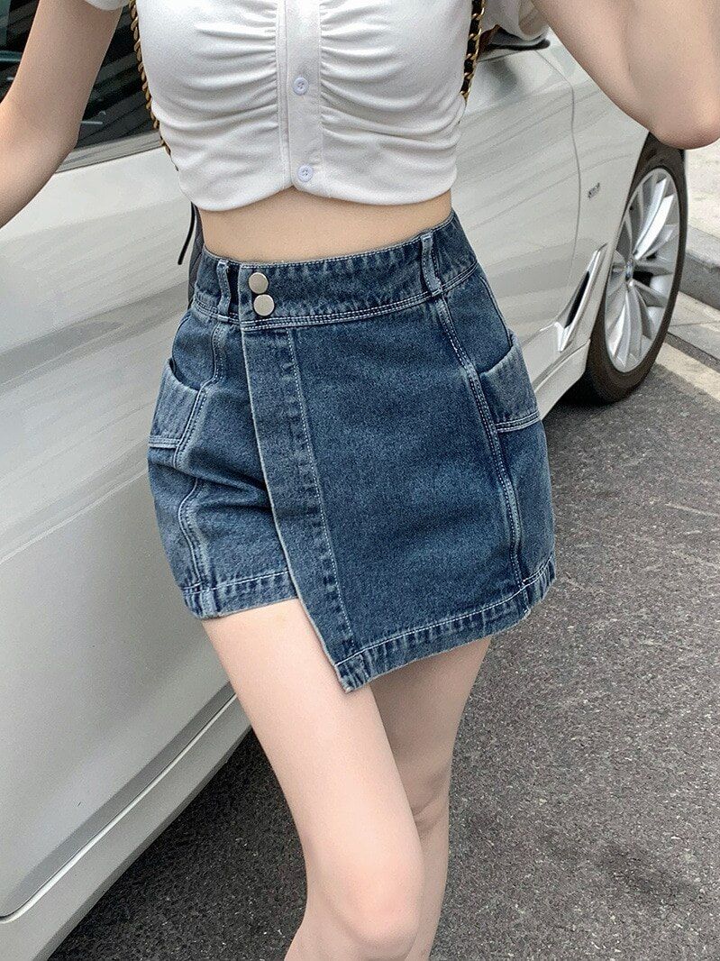 Y2K Vintage Women Korean Button Blue Short Denim Pants Mini Shorts Aesthetic Fairy Grunge High Waist Jeans A-line Alt Clothes LANFUBEISI