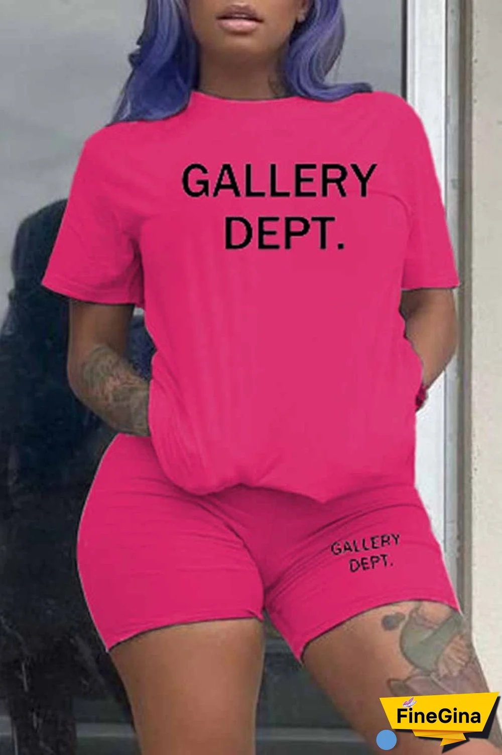 Purple Casual Print Letter O Neck Short Sleeve Two Pieces