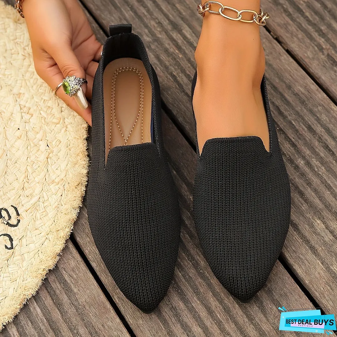 Cozy Womens Knitted Flat Shoes - Soft, Breathable, and Comfortable Slip-On Shoes with Pointed Toe, Rubber Sole, and Fabric Upper for Daily Wear