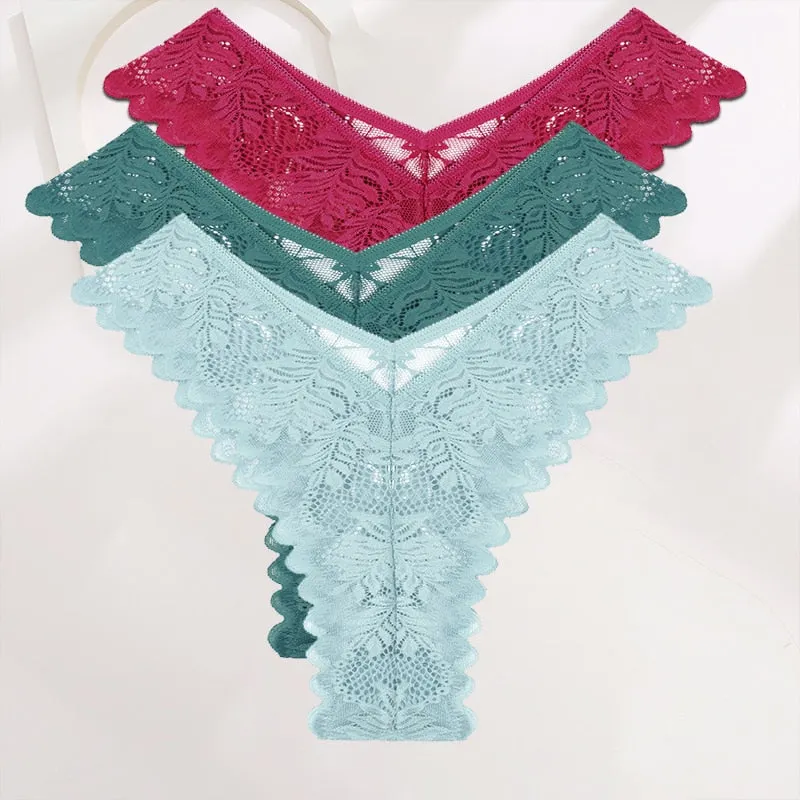 FINETOO 3PCS/Set Lace Gstring Panties Women Sexy M-XL Girls Thongs Perspective Temptation New Pantys Underwear Female Intimates