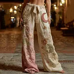Star And Moon Embroidered Contrasting Linen Casual Pants - Image 2