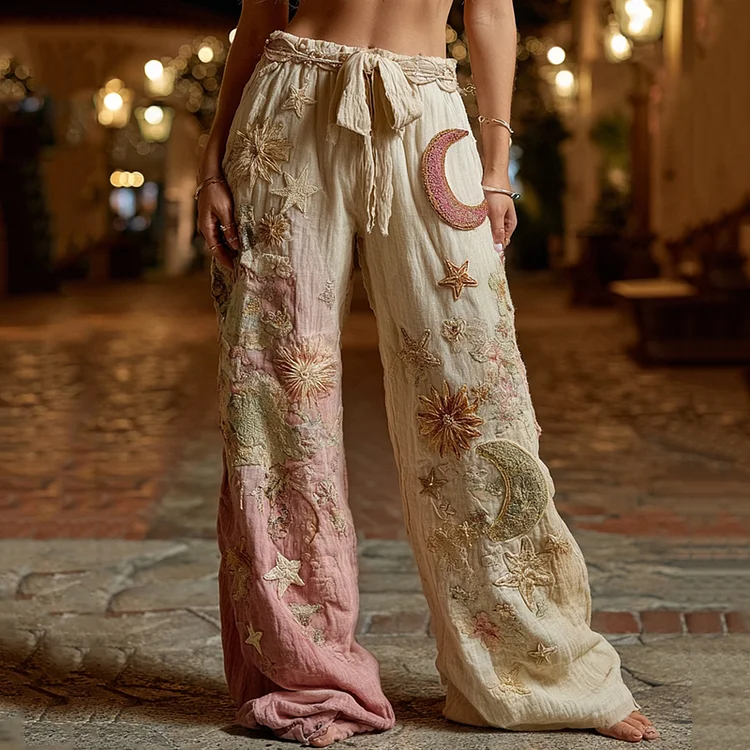 Star And Moon Embroidered Contrasting Linen Casual Pants