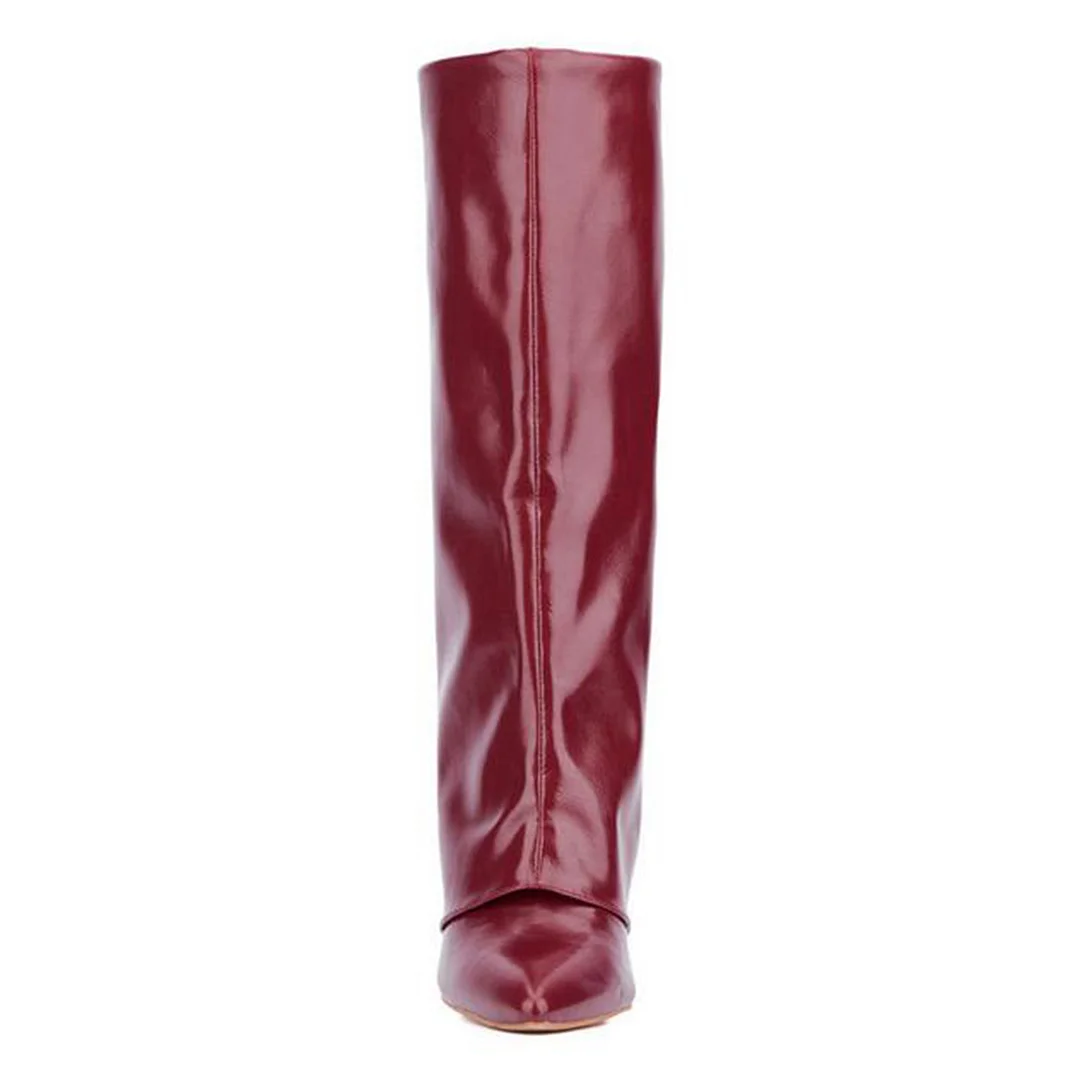 Vegan Leather Pointed Fold-Over Ladies High Heel Boots in Maroon