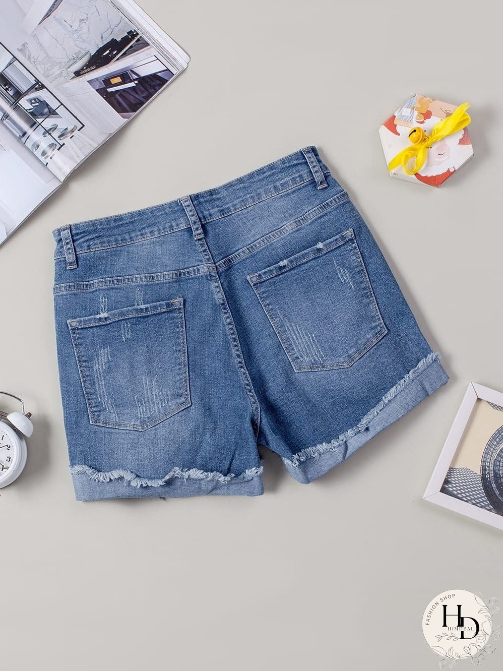 Stylish Distressed Denim Shorts with Floral Applique