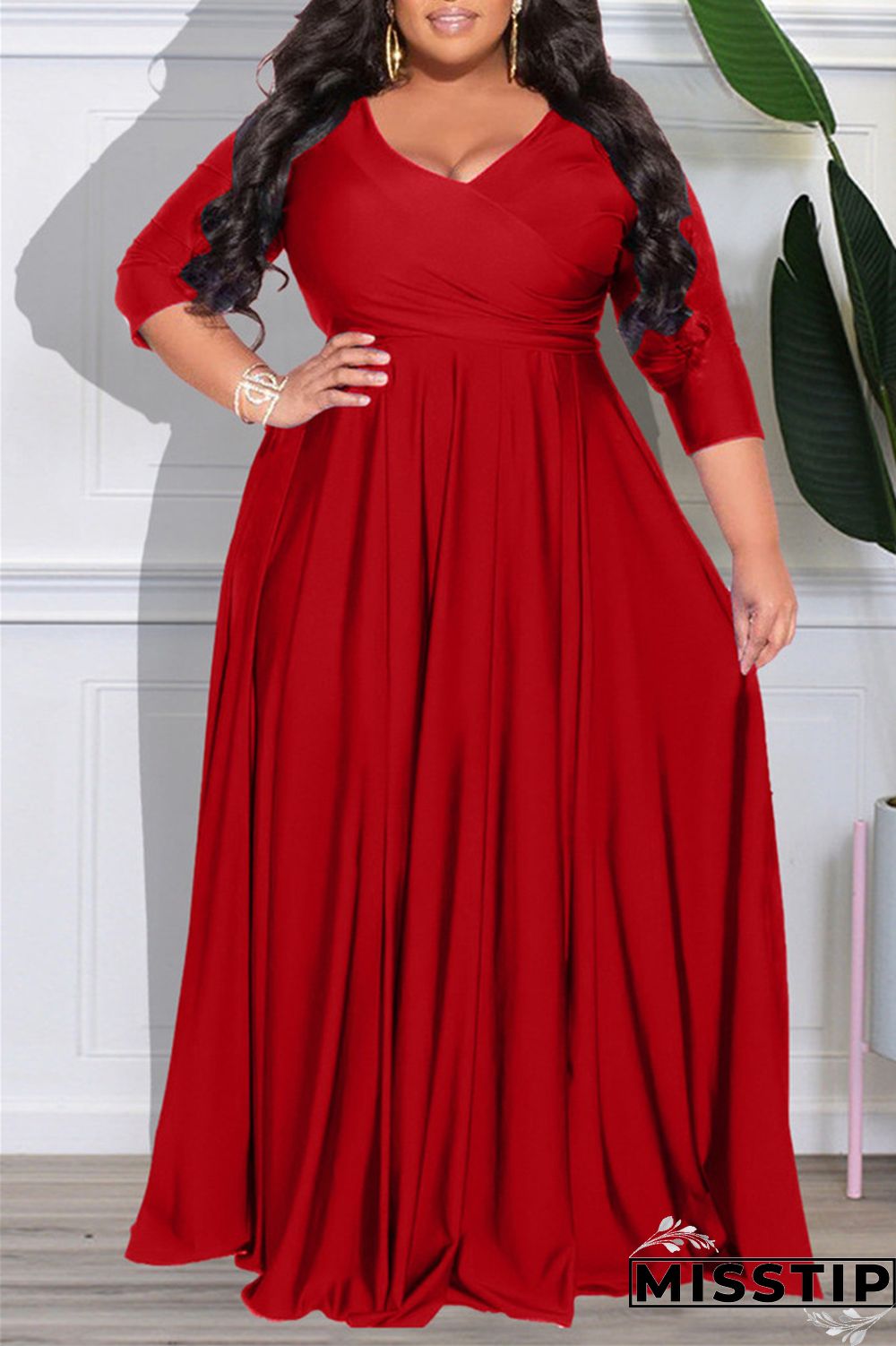 Dark Purple Casual Solid Patchwork V Neck Long Sleeve Plus Size Dresses