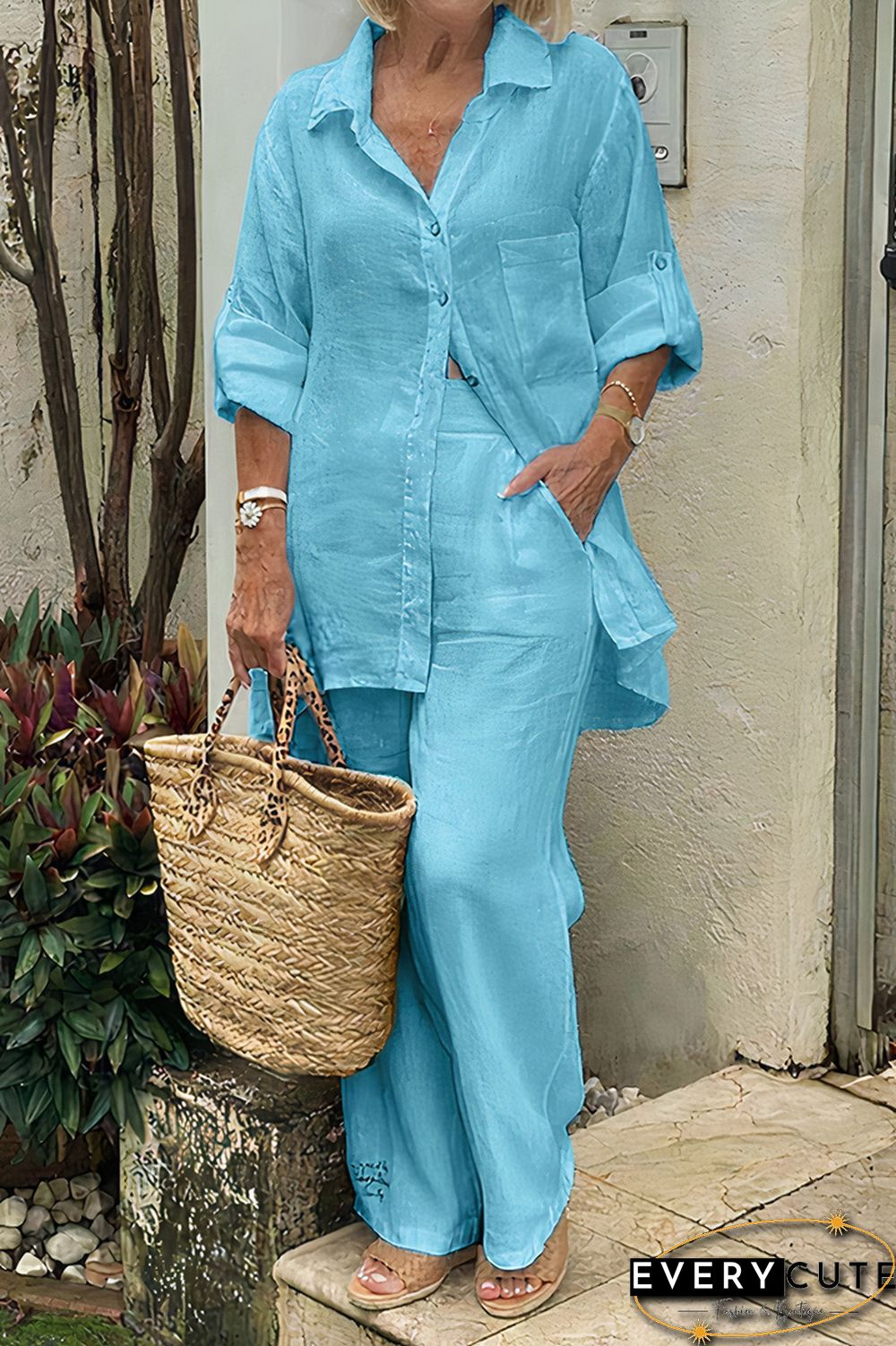 Button Up Roll Tab Sleeve Shirt & Pants Set