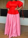 Color-Block Drawstring Ruffled Empire Short Sleeves Round-Neck Maxi Dresses