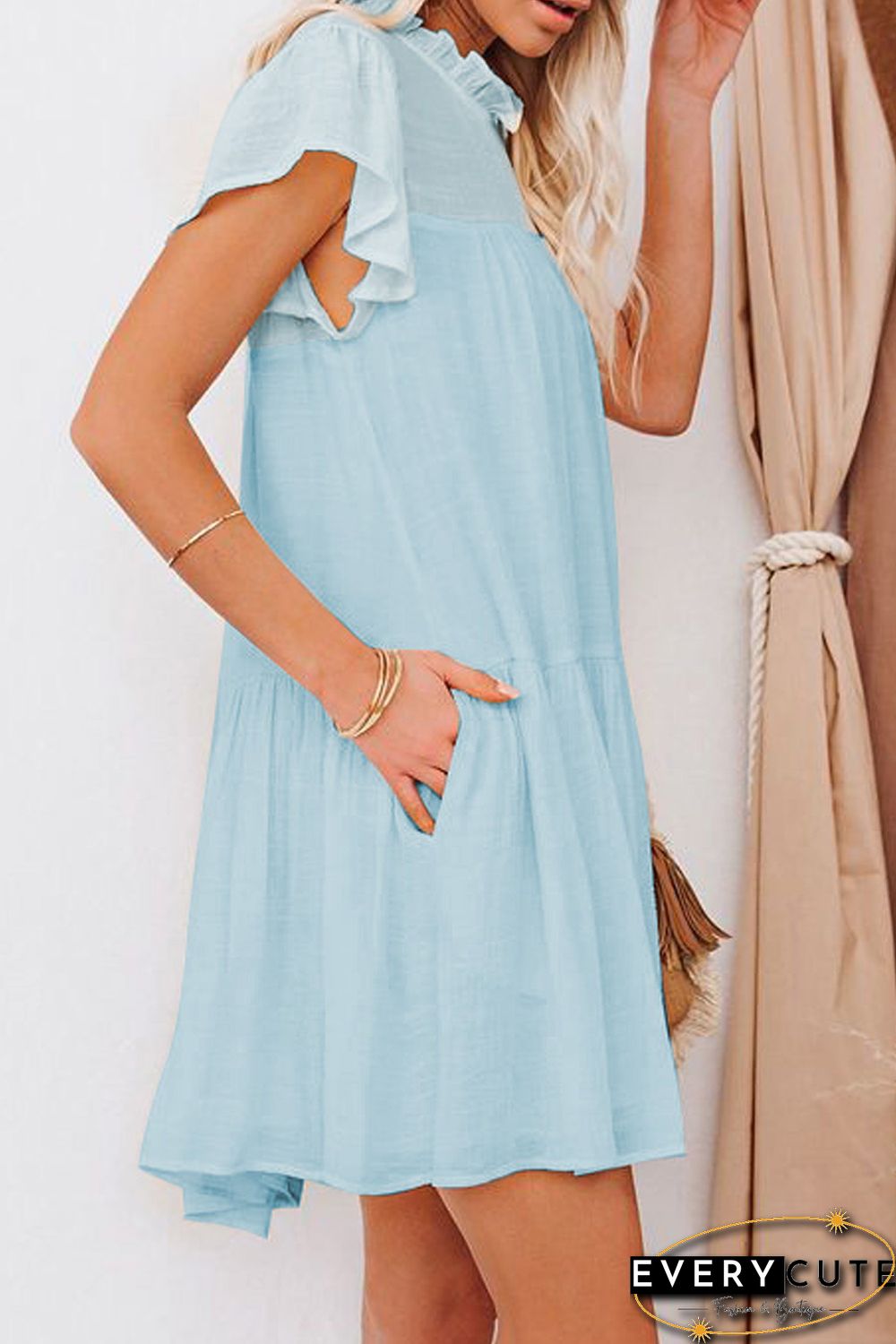 Sky Blue Frilled Neck Ruffle Swing Mini Dress with Pockets