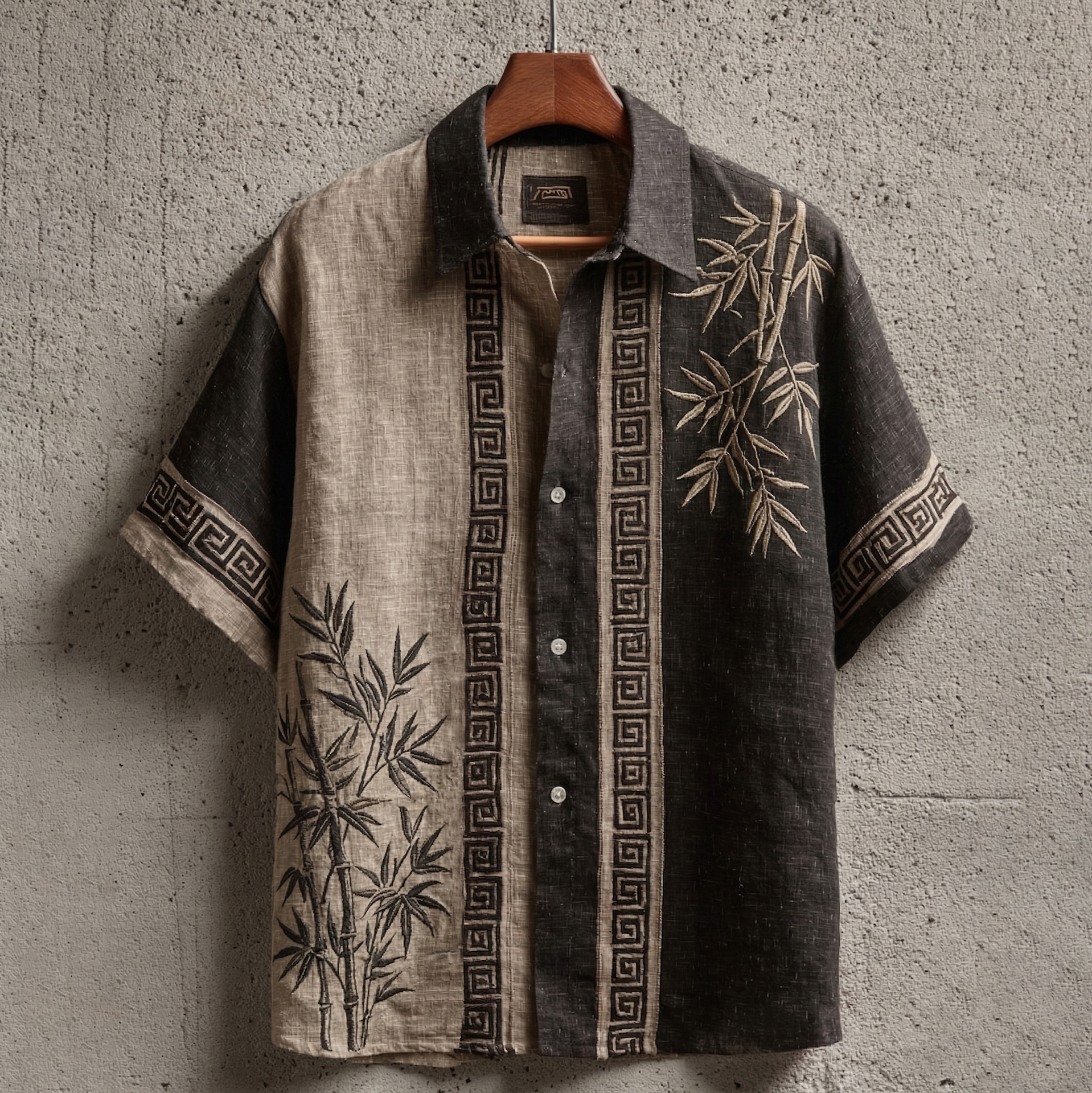 Men's Retro Bamboo Color-block Design Short-sleeve Shirt elevenforest