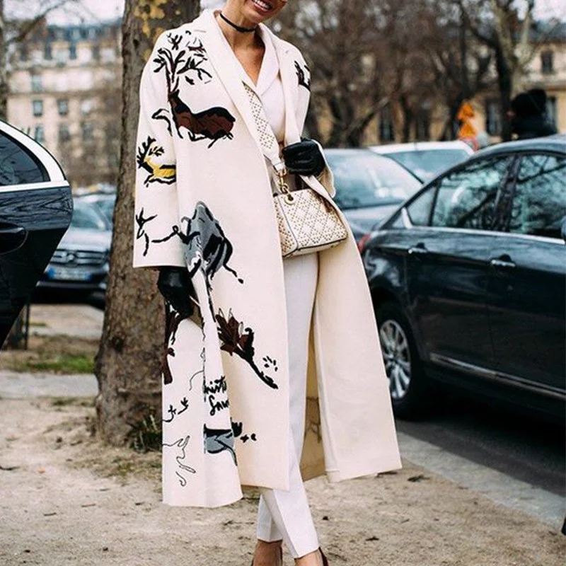 Brownm Brownm New 2025 Autumn Women's Long-Sleeved Collar Coat Prints The Long Coat