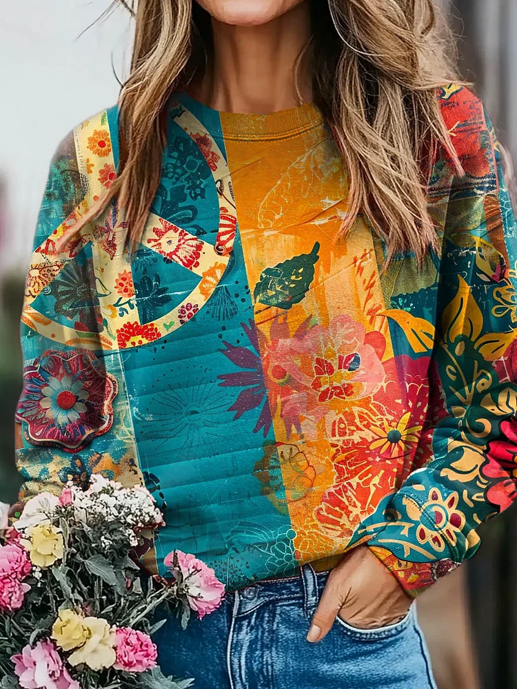 Women's Hippie Clash Folk Flower Print Casual Crew Neck Sweatshirt
