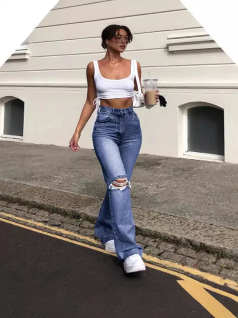 Toloer Broken Hole Slim Horn Jeans Woman-Outfit Ideas