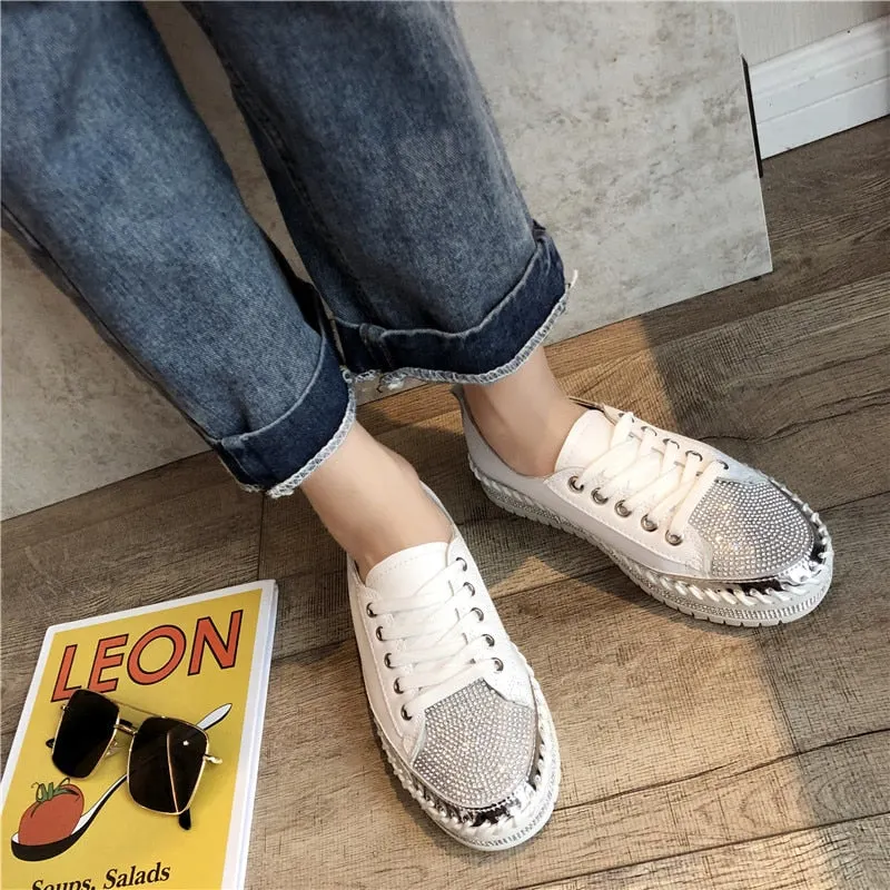 Lucyever Women Crystal Flat Shoes 2019 Autumn Fashion Bing Lace Up Ladies Casual Shoes Comfortable Round Toe Platform Sneakers