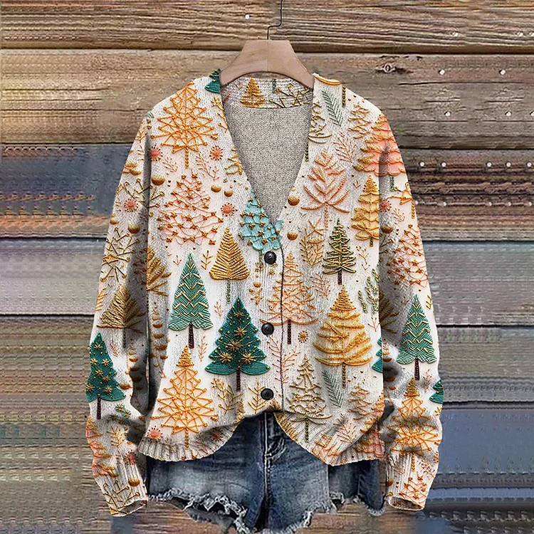 VChics Christmas Trees Print Buttoned Cardigan Sweater