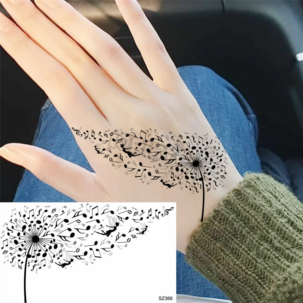 Black Pencil Sketch Henna Lotus Temporary Tattoos For Women Girls Realistic Planet Dandelion Fake Tattoo Sticker Back Arm Tatoos