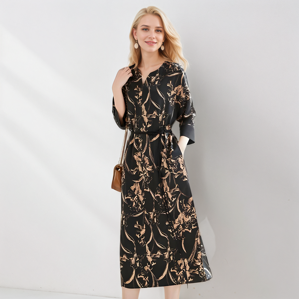 Silk Midi Dress Floral Print V Neck REAL SILK LIFE