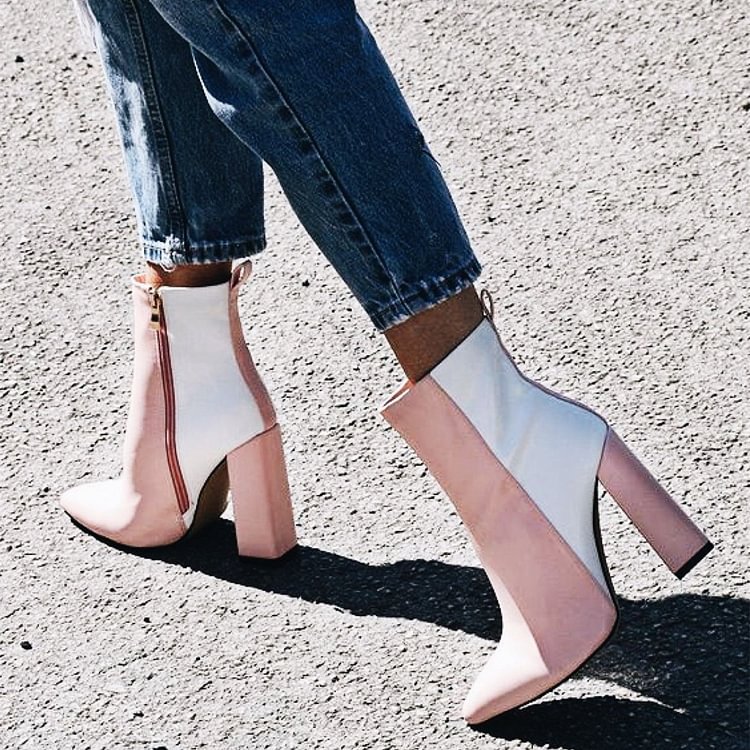 Pink and White Contrast Pointy Toe Block Heel Ankle Booties |FSJ Shoes