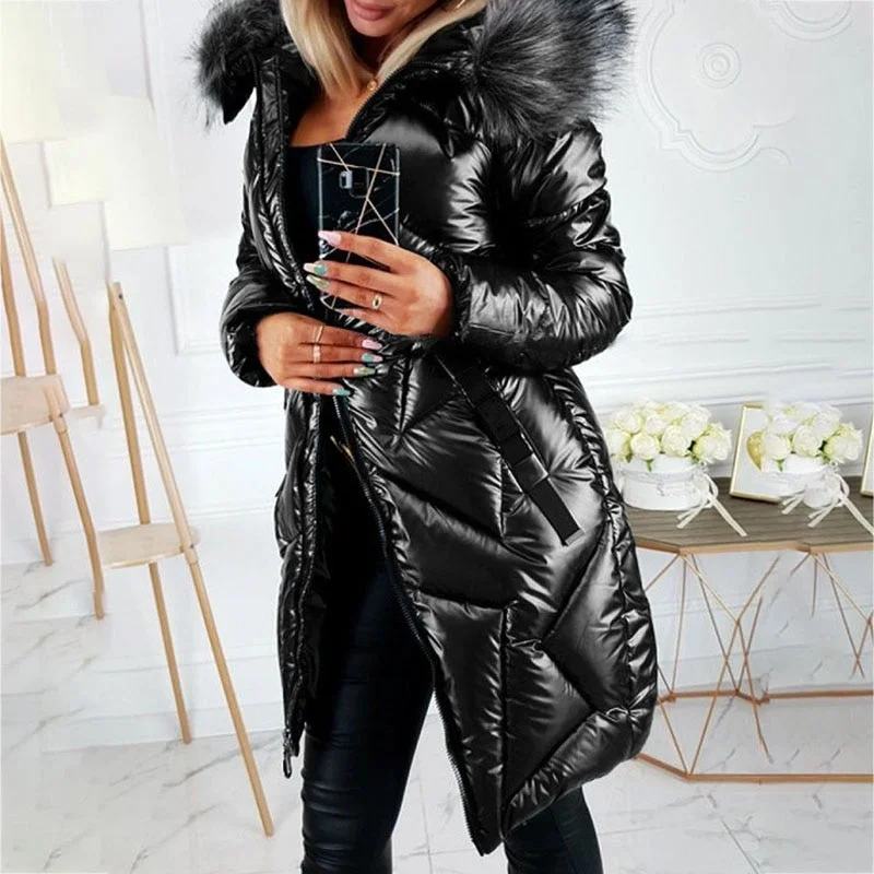 5XL Plus Size Women Winter Hooded Thick Long Jacket Solid Color Casual Glossy Warm Cotton Padded Parkas Fur Collar Winter Coat