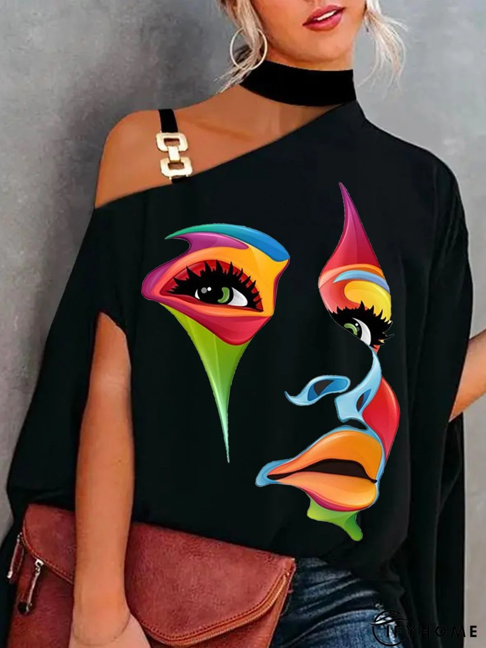 Elegant Printed Asymmetrical Neck Short Sleeve Abstract Top | IFYHOME