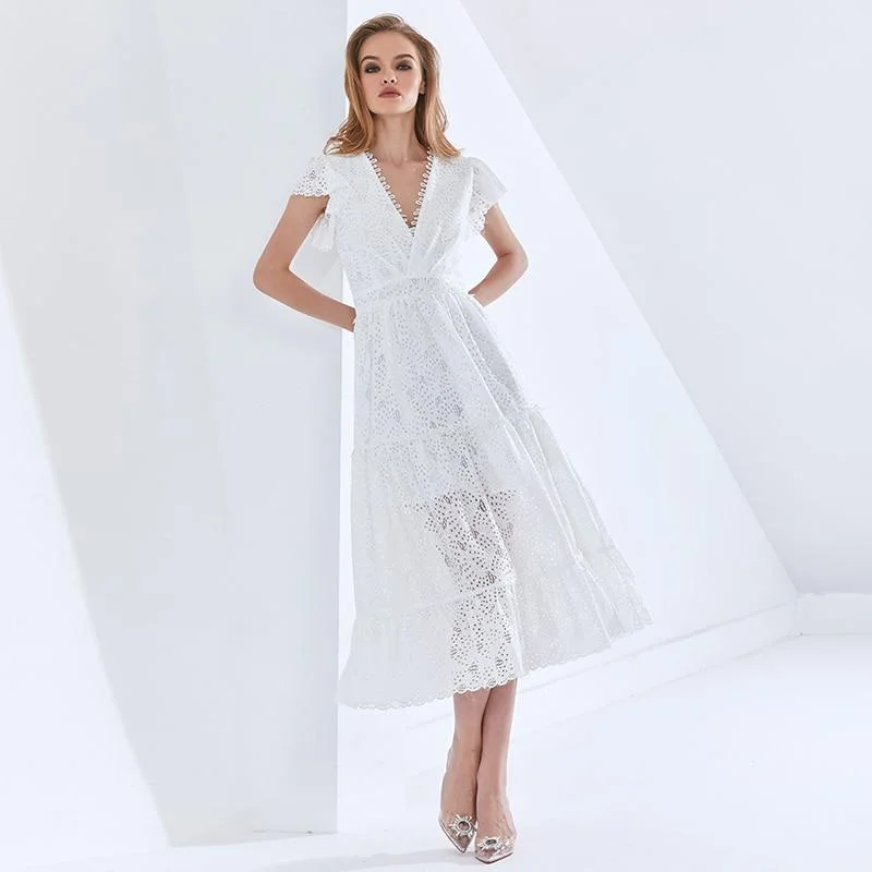 ABEBEY Hollow Out Elegant Women's Dress V Neck Short Sleeve High Waist Patchwork Lace White Dresses For Female 2023 Tide