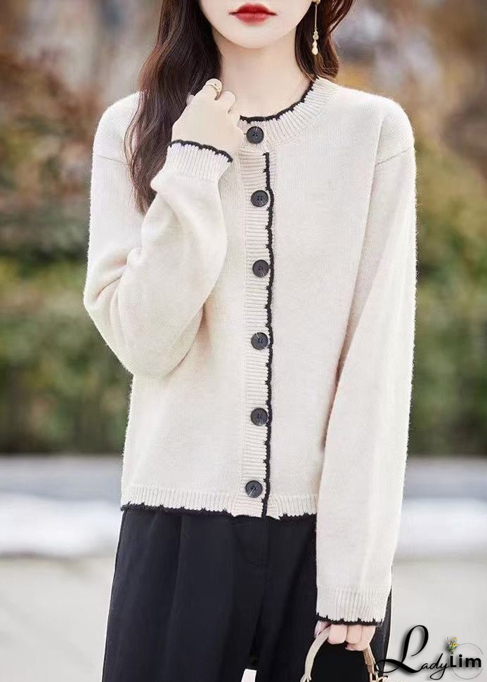 Classy Beige O Neck Button Wool Knit Cardigans Fall